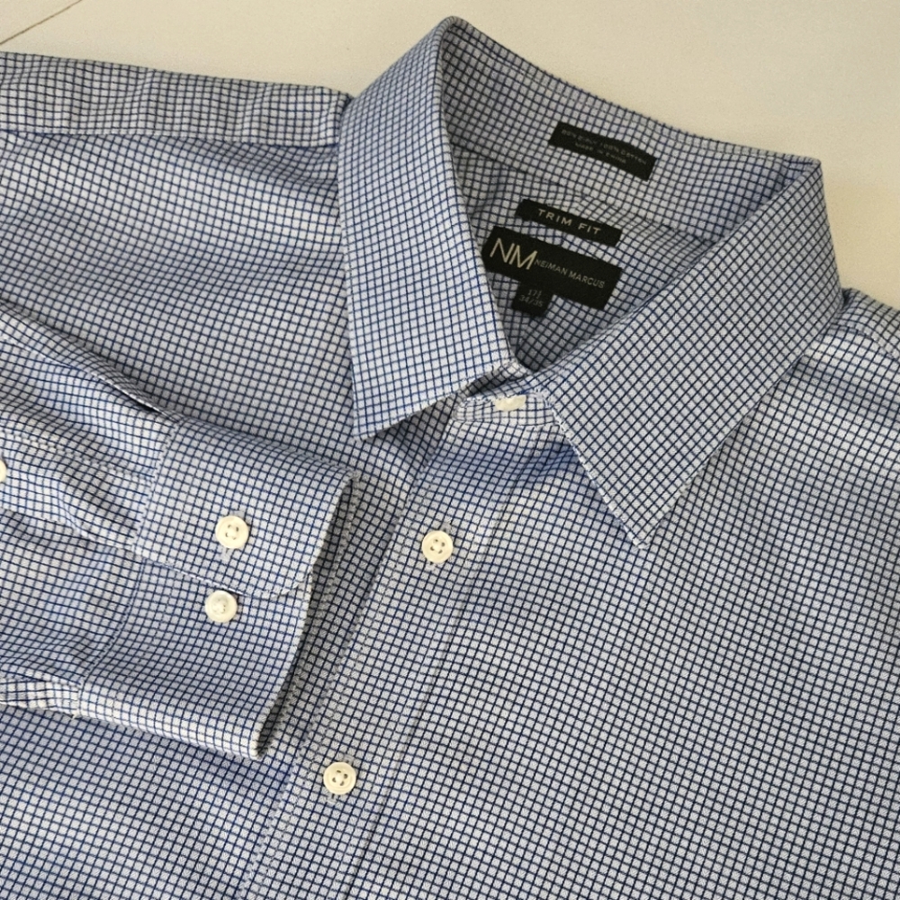 Neiman Marcus 17.5 34/35 Blue Check Button Up LS 80-2 Ply 100% Cot…